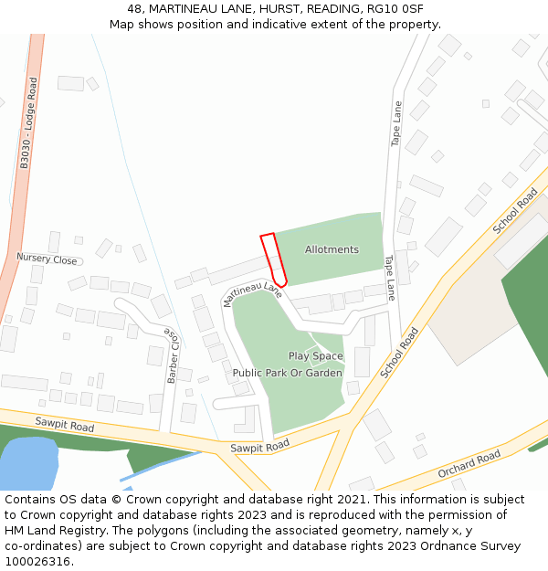 48, MARTINEAU LANE, HURST, READING, RG10 0SF: Location map and indicative extent of plot