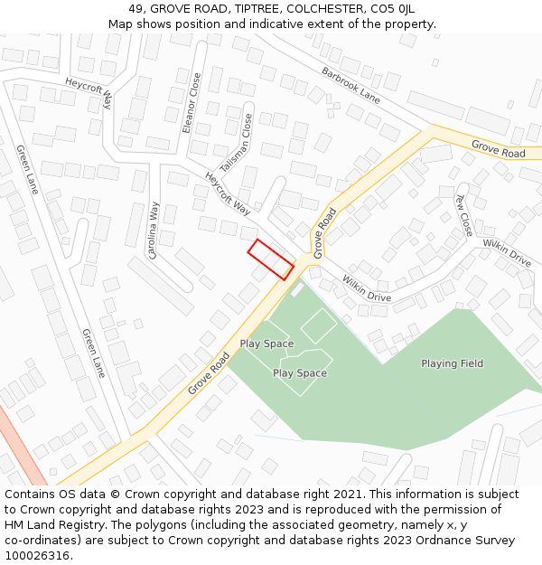 49, GROVE ROAD, TIPTREE, COLCHESTER, CO5 0JL: Location map and indicative extent of plot