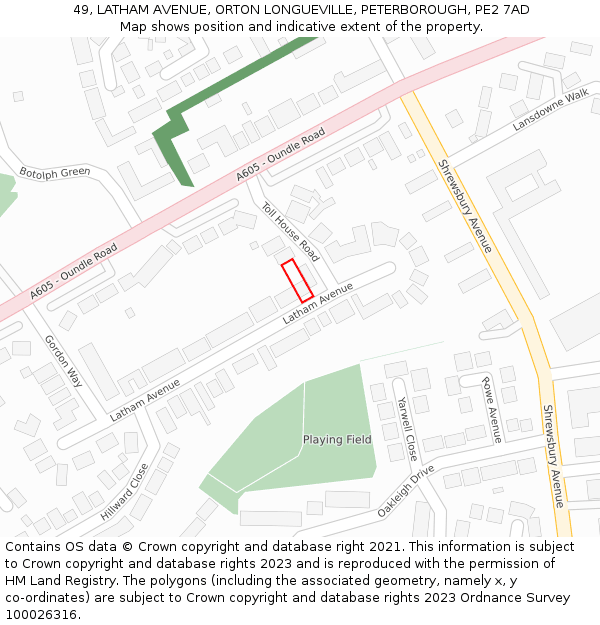 49, LATHAM AVENUE, ORTON LONGUEVILLE, PETERBOROUGH, PE2 7AD: Location map and indicative extent of plot