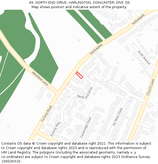 49, NORTH END DRIVE, HARLINGTON, DONCASTER, DN5 7JS: Location map and indicative extent of plot