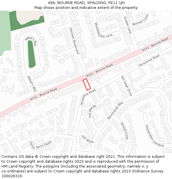 49A, BOURNE ROAD, SPALDING, PE11 1JN: Location map and indicative extent of plot