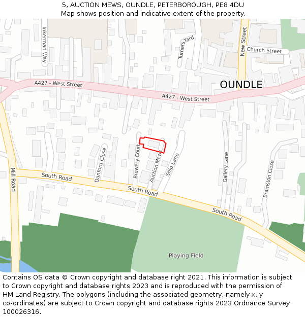 5, AUCTION MEWS, OUNDLE, PETERBOROUGH, PE8 4DU: Location map and indicative extent of plot