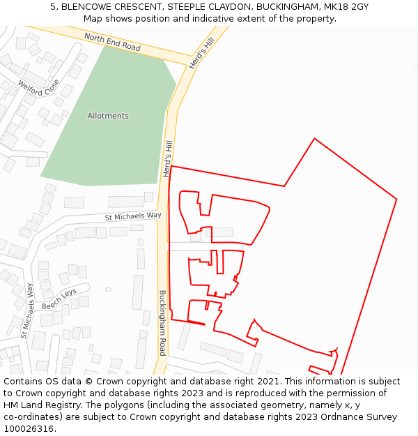 5, BLENCOWE CRESCENT, STEEPLE CLAYDON, BUCKINGHAM, MK18 2GY: Location map and indicative extent of plot