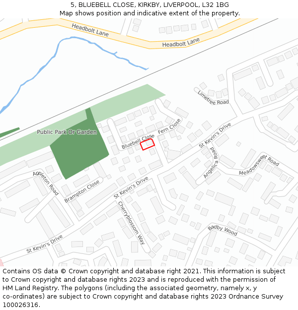 5, BLUEBELL CLOSE, KIRKBY, LIVERPOOL, L32 1BG: Location map and indicative extent of plot