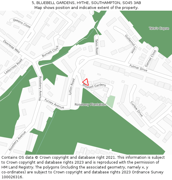 5, BLUEBELL GARDENS, HYTHE, SOUTHAMPTON, SO45 3AB: Location map and indicative extent of plot