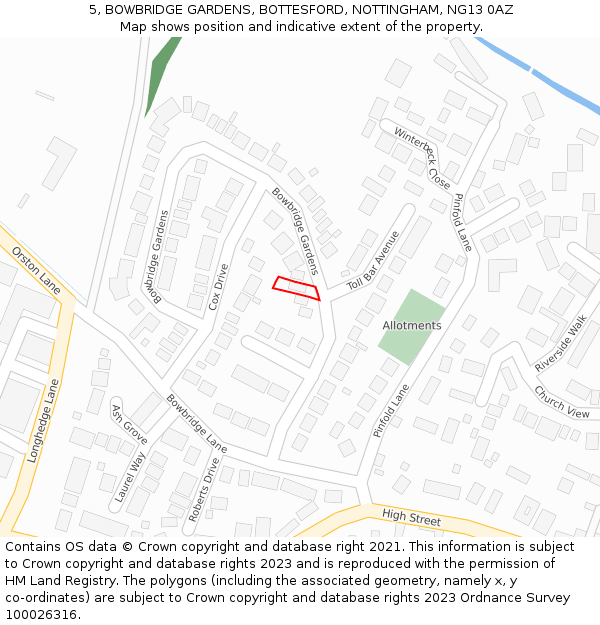 5, BOWBRIDGE GARDENS, BOTTESFORD, NOTTINGHAM, NG13 0AZ: Location map and indicative extent of plot