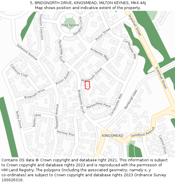 5, BRIDGNORTH DRIVE, KINGSMEAD, MILTON KEYNES, MK4 4AJ: Location map and indicative extent of plot