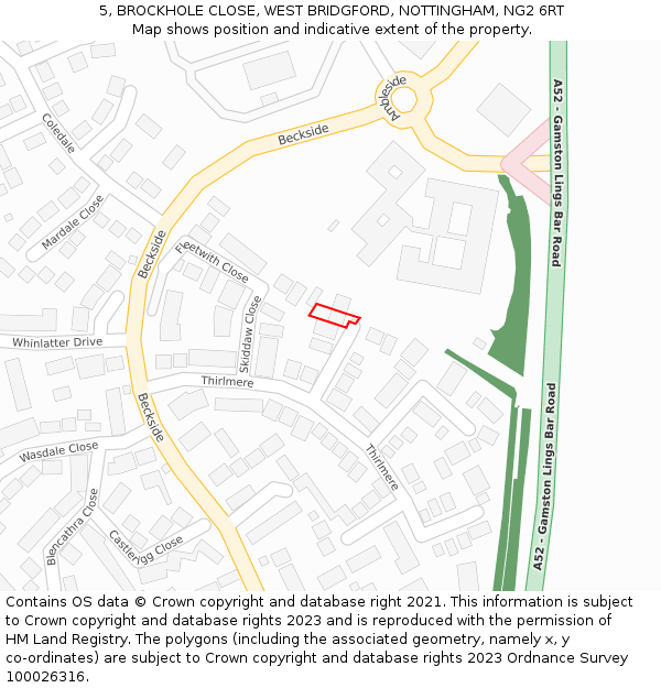 5, BROCKHOLE CLOSE, WEST BRIDGFORD, NOTTINGHAM, NG2 6RT: Location map and indicative extent of plot