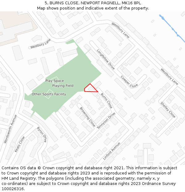 5, BURNS CLOSE, NEWPORT PAGNELL, MK16 8PL: Location map and indicative extent of plot