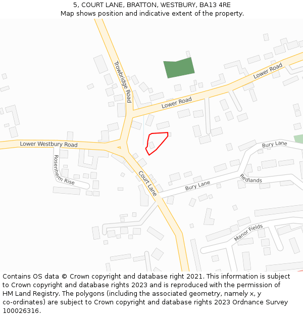 5, COURT LANE, BRATTON, WESTBURY, BA13 4RE: Location map and indicative extent of plot