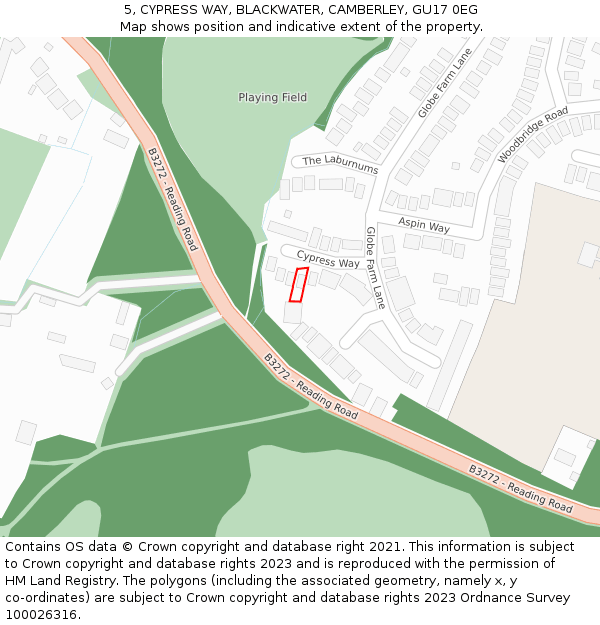 5, CYPRESS WAY, BLACKWATER, CAMBERLEY, GU17 0EG: Location map and indicative extent of plot