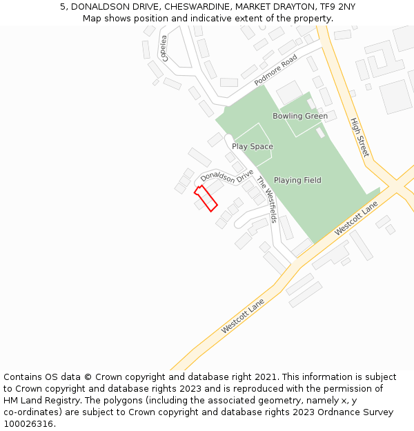 5, DONALDSON DRIVE, CHESWARDINE, MARKET DRAYTON, TF9 2NY: Location map and indicative extent of plot