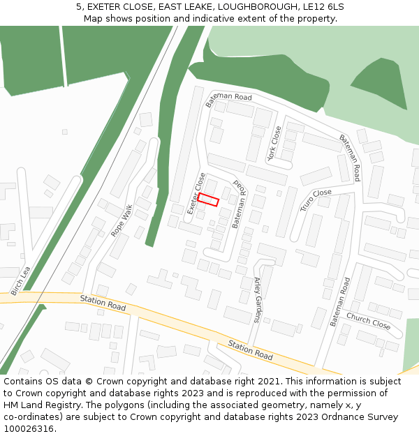 5, EXETER CLOSE, EAST LEAKE, LOUGHBOROUGH, LE12 6LS: Location map and indicative extent of plot