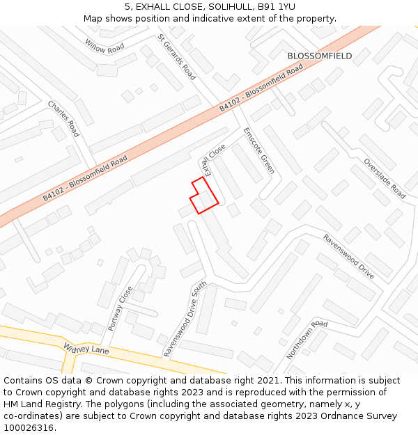 5, EXHALL CLOSE, SOLIHULL, B91 1YU: Location map and indicative extent of plot