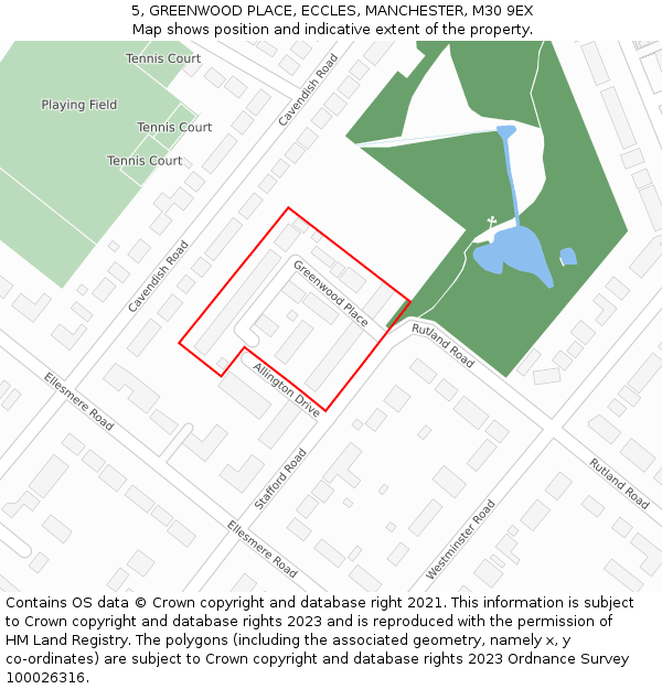 5, GREENWOOD PLACE, ECCLES, MANCHESTER, M30 9EX: Location map and indicative extent of plot