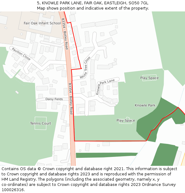 5, KNOWLE PARK LANE, FAIR OAK, EASTLEIGH, SO50 7GL: Location map and indicative extent of plot