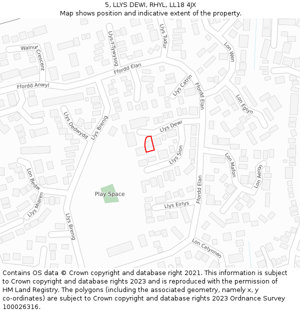 5, LLYS DEWI, RHYL, LL18 4JX: Location map and indicative extent of plot