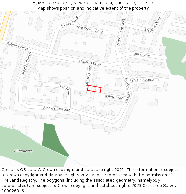 5, MALLORY CLOSE, NEWBOLD VERDON, LEICESTER, LE9 9LR: Location map and indicative extent of plot