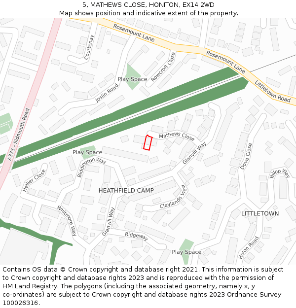 5, MATHEWS CLOSE, HONITON, EX14 2WD: Location map and indicative extent of plot