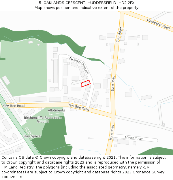 5, OAKLANDS CRESCENT, HUDDERSFIELD, HD2 2FX: Location map and indicative extent of plot