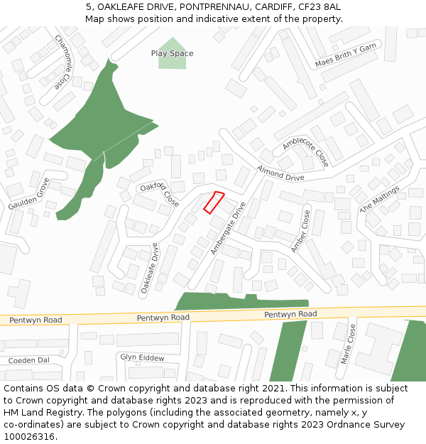 5, OAKLEAFE DRIVE, PONTPRENNAU, CARDIFF, CF23 8AL: Location map and indicative extent of plot