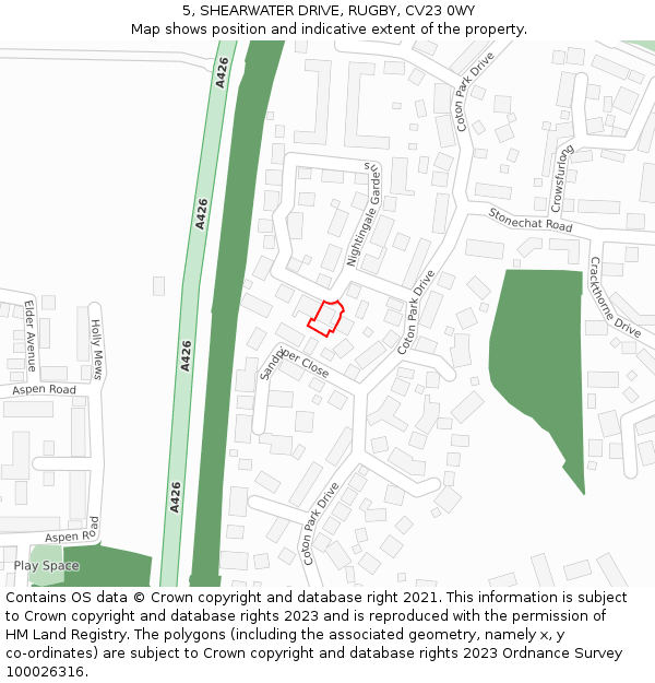 5, SHEARWATER DRIVE, RUGBY, CV23 0WY: Location map and indicative extent of plot