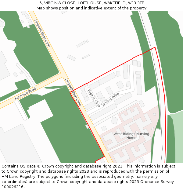 5, VIRGINIA CLOSE, LOFTHOUSE, WAKEFIELD, WF3 3TB: Location map and indicative extent of plot