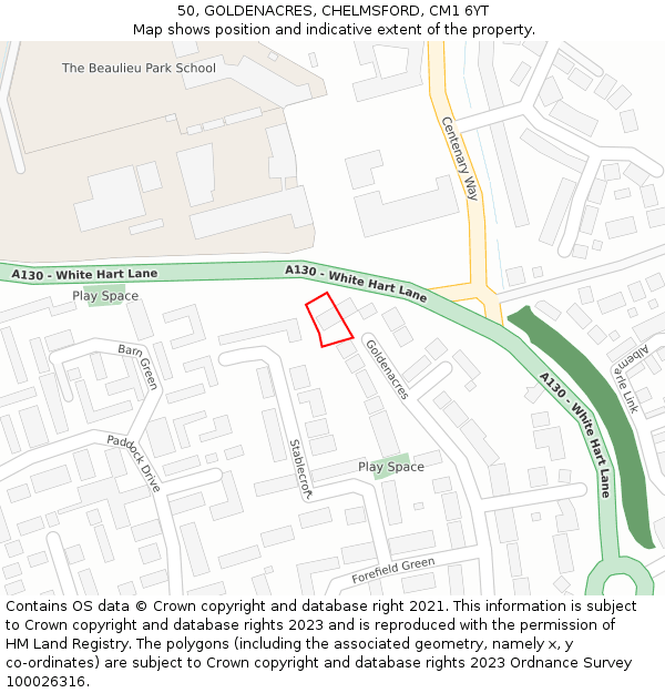 50, GOLDENACRES, CHELMSFORD, CM1 6YT: Location map and indicative extent of plot