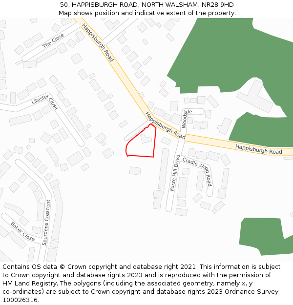 50, HAPPISBURGH ROAD, NORTH WALSHAM, NR28 9HD: Location map and indicative extent of plot