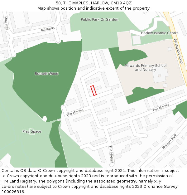 50, THE MAPLES, HARLOW, CM19 4QZ: Location map and indicative extent of plot