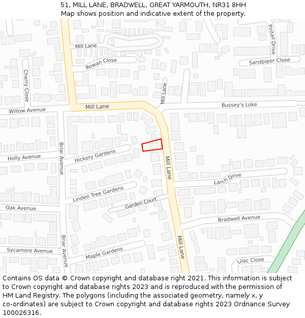 51, MILL LANE, BRADWELL, GREAT YARMOUTH, NR31 8HH: Location map and indicative extent of plot