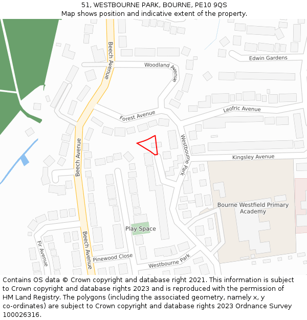 51, WESTBOURNE PARK, BOURNE, PE10 9QS: Location map and indicative extent of plot