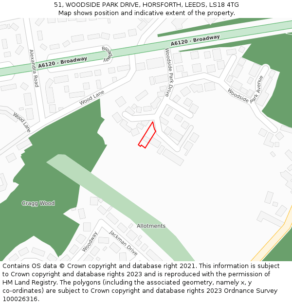 51, WOODSIDE PARK DRIVE, HORSFORTH, LEEDS, LS18 4TG: Location map and indicative extent of plot