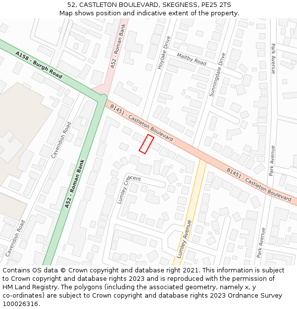 52, CASTLETON BOULEVARD, SKEGNESS, PE25 2TS: Location map and indicative extent of plot