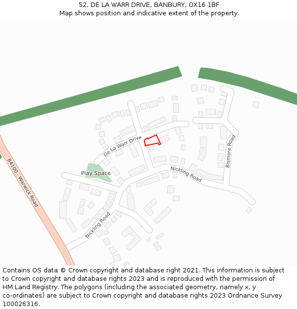 52, DE LA WARR DRIVE, BANBURY, OX16 1BF: Location map and indicative extent of plot