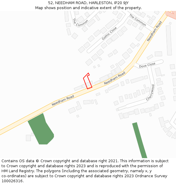 52, NEEDHAM ROAD, HARLESTON, IP20 9JY: Location map and indicative extent of plot