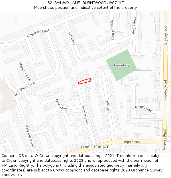 52, RAILWAY LANE, BURNTWOOD, WS7 1LT: Location map and indicative extent of plot