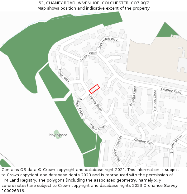 53, CHANEY ROAD, WIVENHOE, COLCHESTER, CO7 9QZ: Location map and indicative extent of plot