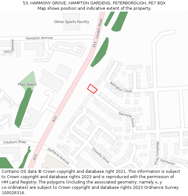 53, HARMONY GROVE, HAMPTON GARDENS, PETERBOROUGH, PE7 8QX: Location map and indicative extent of plot