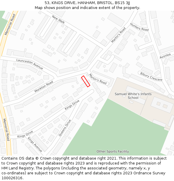 53, KINGS DRIVE, HANHAM, BRISTOL, BS15 3JJ: Location map and indicative extent of plot