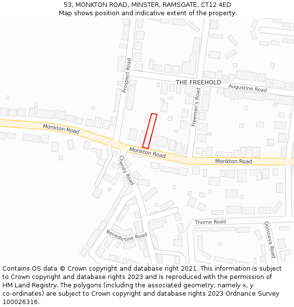 53, MONKTON ROAD, MINSTER, RAMSGATE, CT12 4ED: Location map and indicative extent of plot