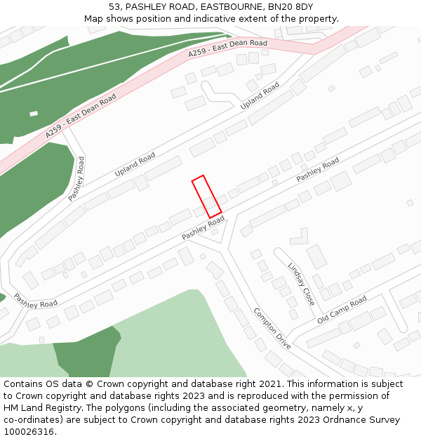 53, PASHLEY ROAD, EASTBOURNE, BN20 8DY: Location map and indicative extent of plot