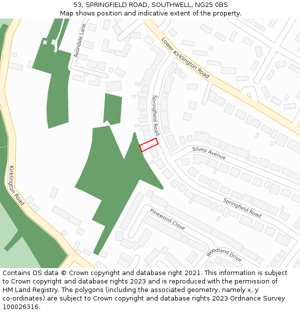 53, SPRINGFIELD ROAD, SOUTHWELL, NG25 0BS: Location map and indicative extent of plot