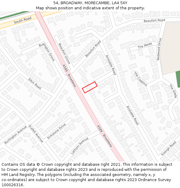 54, BROADWAY, MORECAMBE, LA4 5XY: Location map and indicative extent of plot