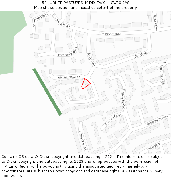 54, JUBILEE PASTURES, MIDDLEWICH, CW10 0AS: Location map and indicative extent of plot