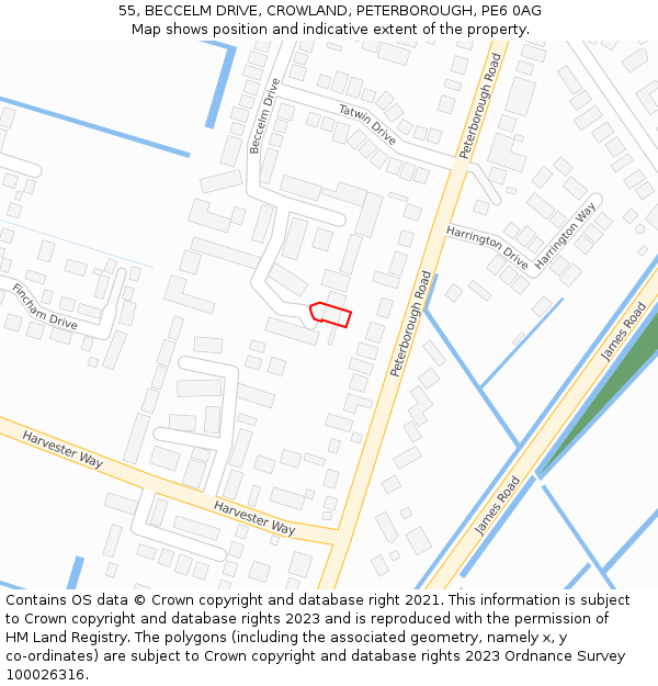 55, BECCELM DRIVE, CROWLAND, PETERBOROUGH, PE6 0AG: Location map and indicative extent of plot