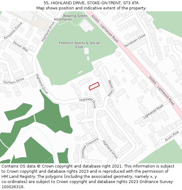 55, HIGHLAND DRIVE, STOKE-ON-TRENT, ST3 4TA: Location map and indicative extent of plot