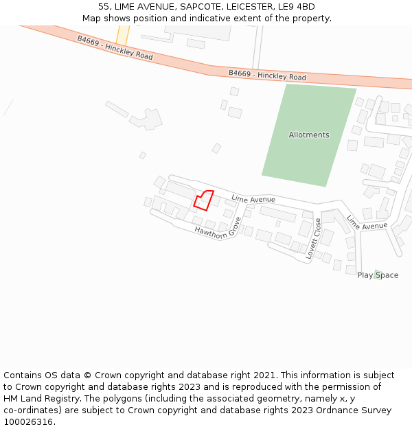 55, LIME AVENUE, SAPCOTE, LEICESTER, LE9 4BD: Location map and indicative extent of plot