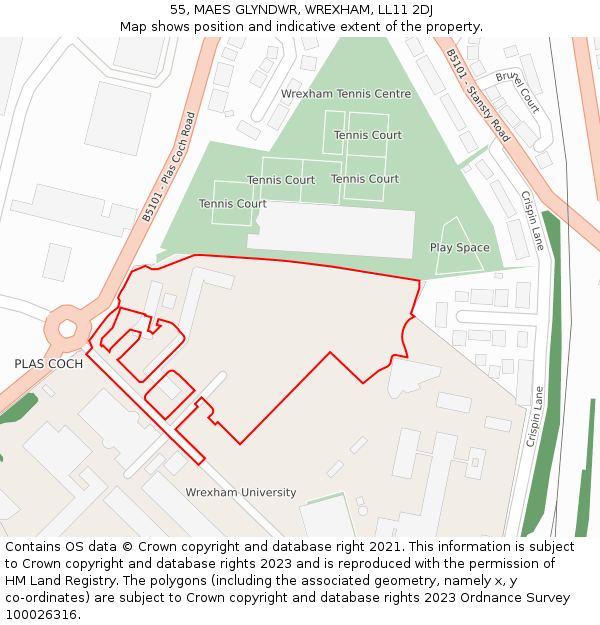 55, MAES GLYNDWR, WREXHAM, LL11 2DJ: Location map and indicative extent of plot