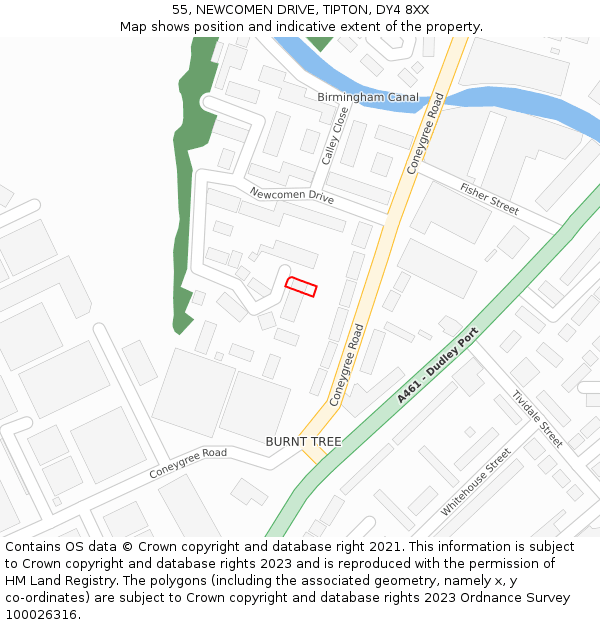 55, NEWCOMEN DRIVE, TIPTON, DY4 8XX: Location map and indicative extent of plot